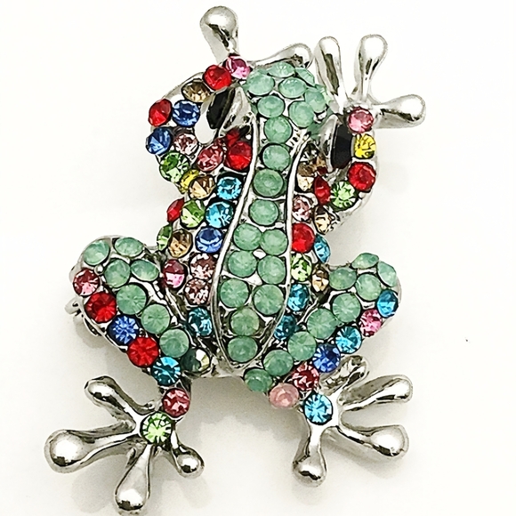 Silver plated multicolor crystal frog necklace/brooch with gold chain - Picture 6 of 16